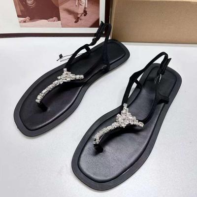 Summer Women Flat Sandals Bling Rhinestone Strap Thick Sole Footwear Comfortable Soft Casual Ladies Beach Shoes