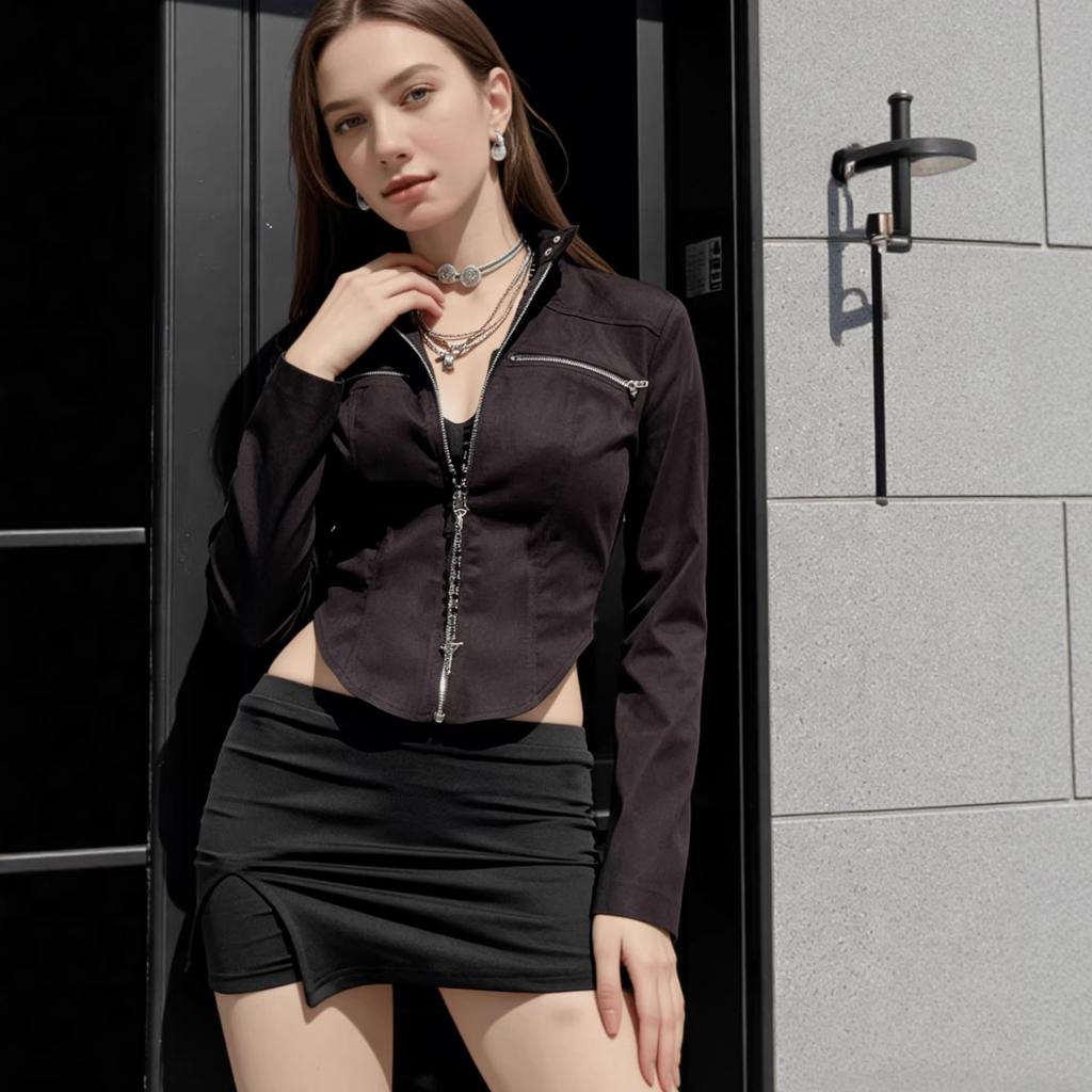 Women S Street Style Cropped Irregular Hem Zip Up Stand Collar Jacket