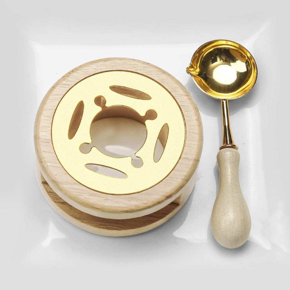 Solid Wood Wax Seal Set Vintage with Handle Wax Bead Melting Heater with Spoon Heating Stove Wax Melting Furnace for 2/3 Pcs