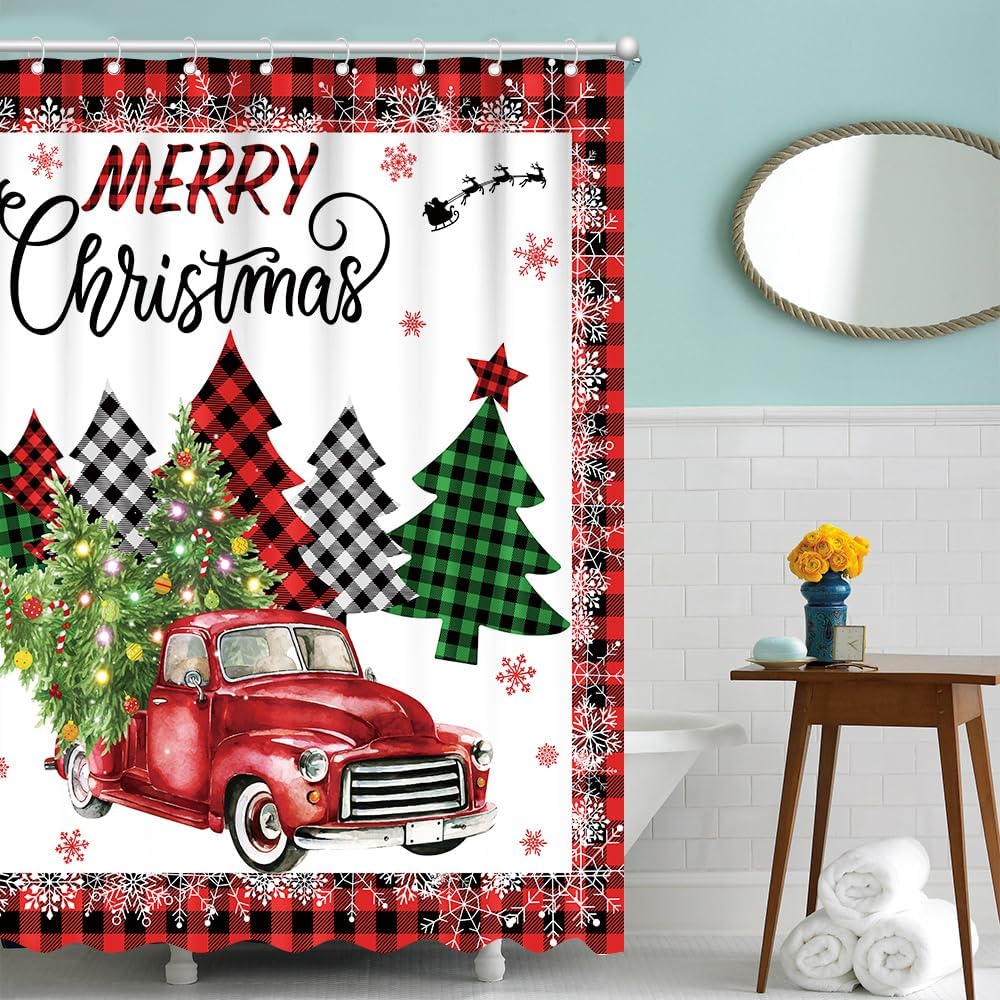Merry Christmas Truck Shower Curtain  Buffalo Plaid Xmas Trees Home Bathroom Decorations Winter Snowflakes Farmhouse Bathtub