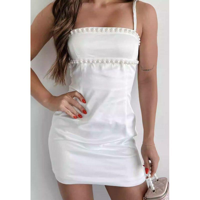 

Экспорт Однотонное Платье-футляр с Высокой Текстурой в Сексуальном Стиле Чистого Желания, на Бретелях, с Жемчугом, с Блестящим Лифом, Подчеркивающее Талию, Белое Платье White M