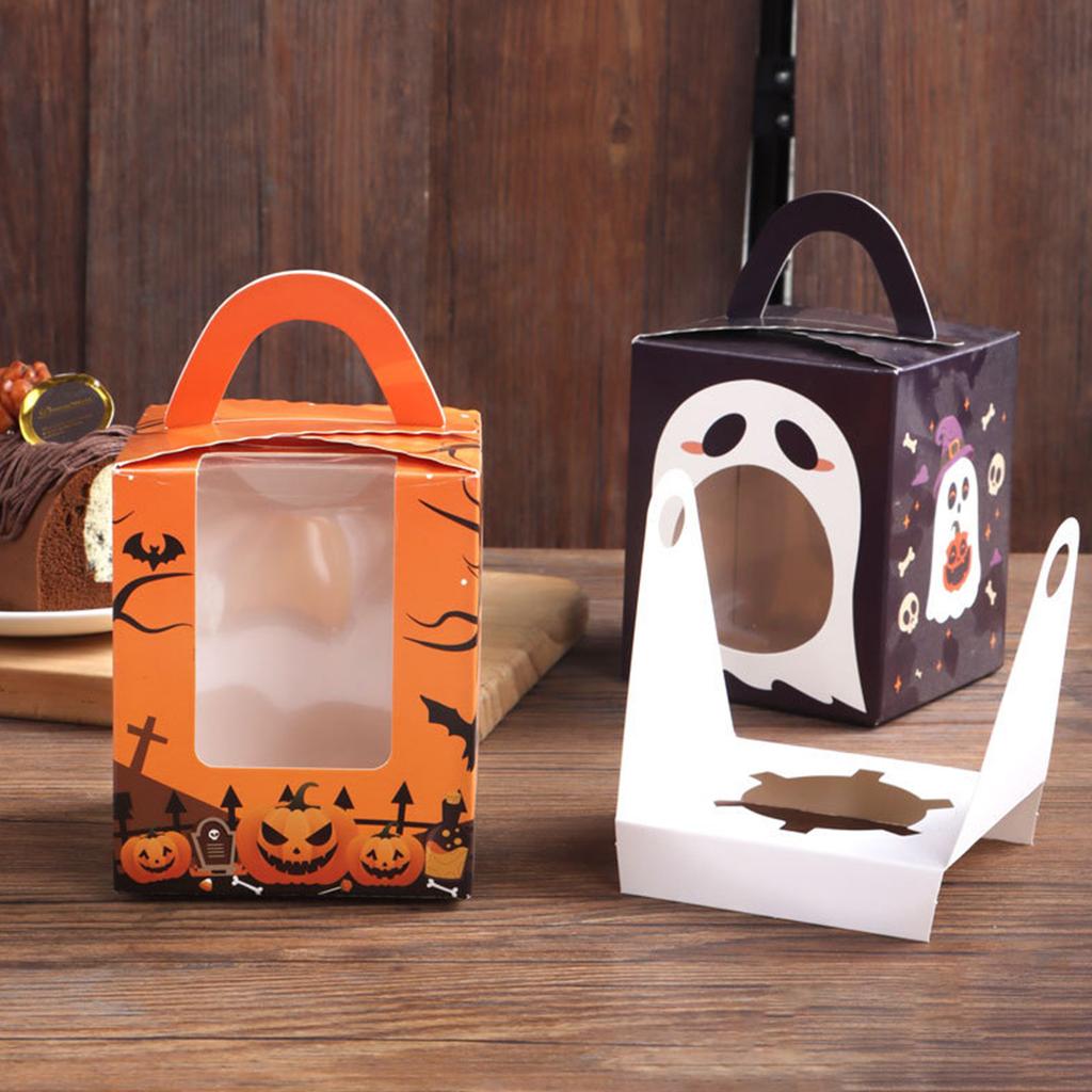 Halloween Kraft Paper Cupcake Box, Freestanding Container With Handle, Suitable For Halloween Party And Wedding Gift Wrapping