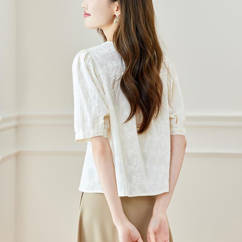 Crew Neck Embroidered Shirt Women's Short Sleeves Summer New Embroidered Top New Chinese Button Pure Cotton Shirt