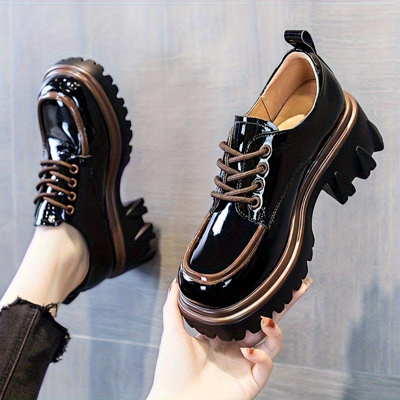 Женские стильные лоферы на массивном каблуке - Белые с коричневыми акцентами Толстая подошва Дизайн на шнуровке Всесезонная удобная обувь Повседневная обувь 40 чёрный 3200₽