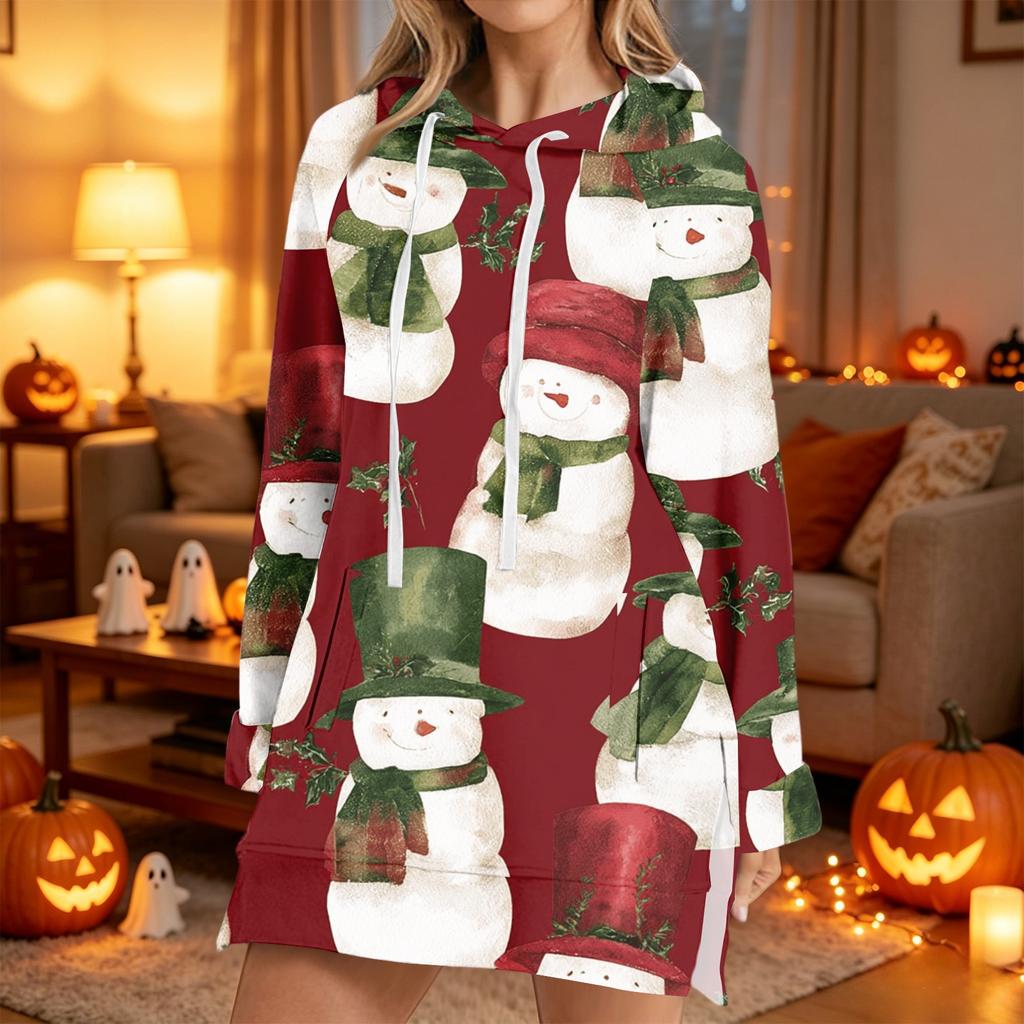 Women's Christmas Print Long Sleeve Hooded Sweatshirt with Festive Holiday Design
