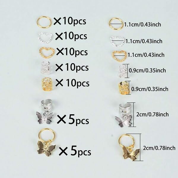 Set of 60 Butterfly Hair Rings, Heart Shape, Gold and Silver, for Braiding, Kids Hair Clips, Hair Tips, Hair Beads, Hair Ornaments, Makeovers, Flashy