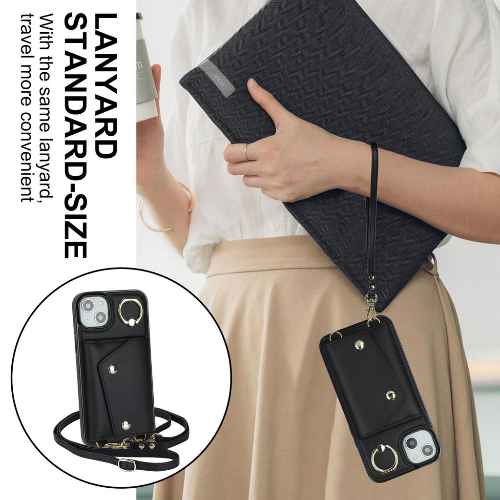 For iPhone 15 Zipper Wallet Phone Case PU Leather+TPU Ring Kickstand Back Cover with 2 Straps