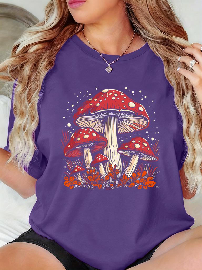 Red Mushroom Personality Prints TShirts Women Summer Short Sleeve Tops ONeck Soft T Shirt Basics Comfortable Womans Clothes