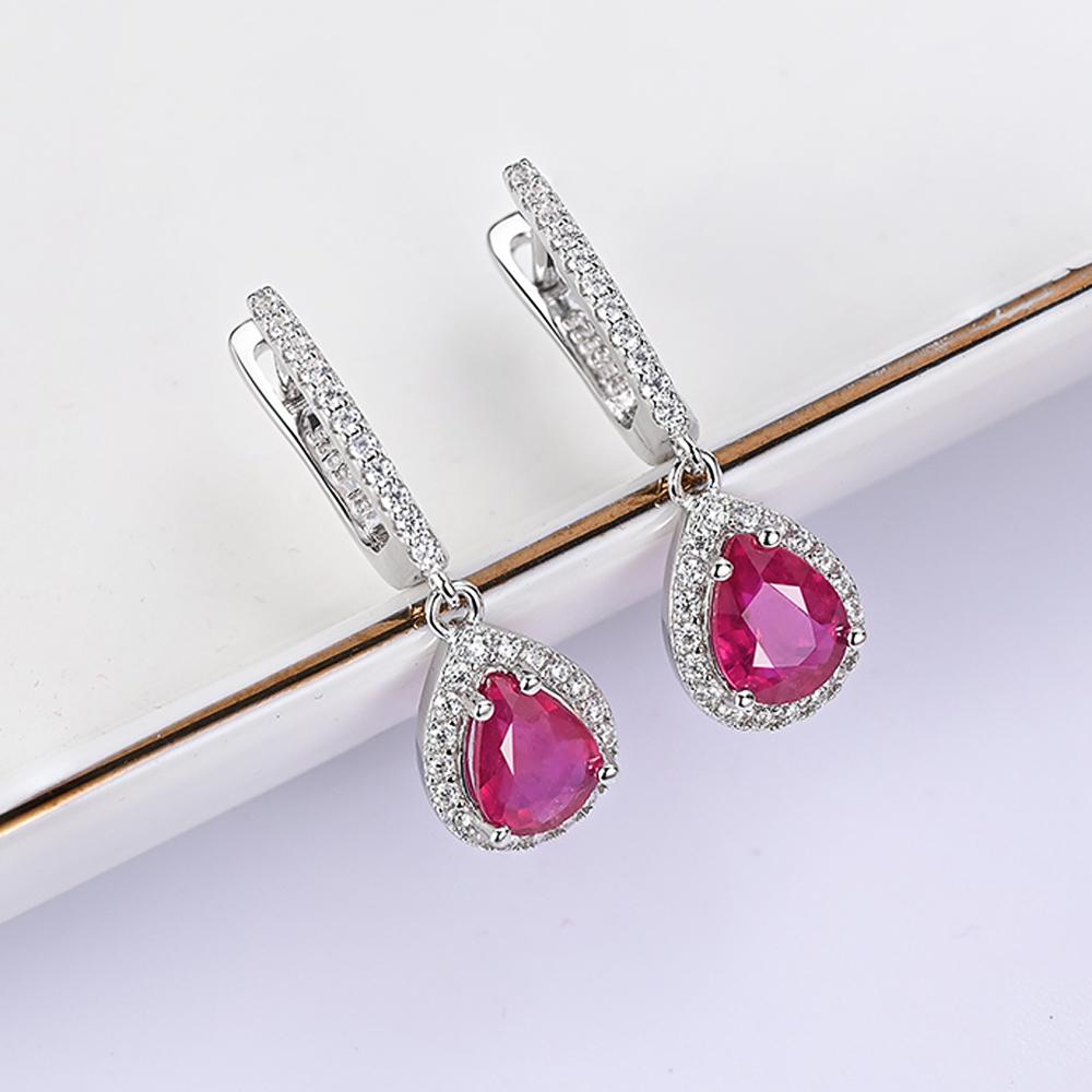 Simple Pear Shape Dangling Earrings with Natural Treated Africa Ruby S925 Silver Fine Jewelry for Women Girl Birthday Party Gift