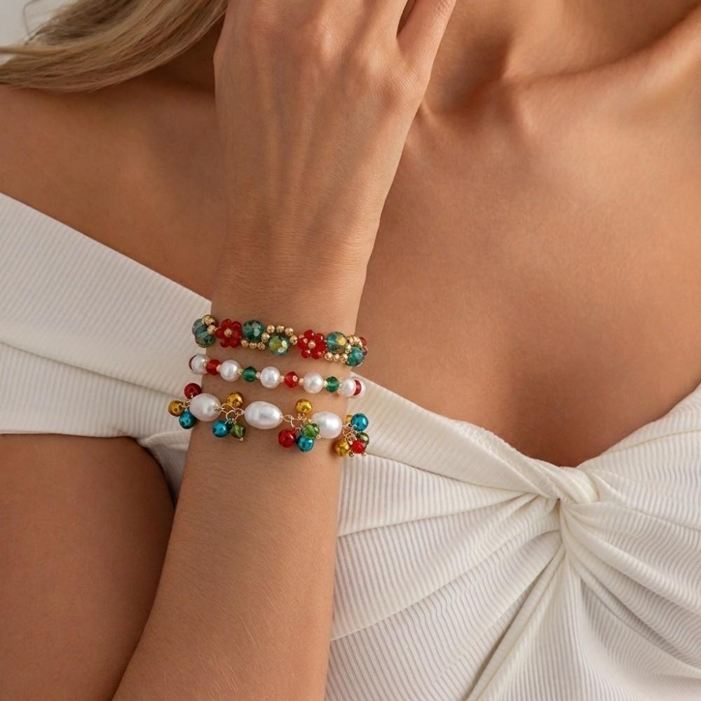 Layered Christmas Bracelet Set Red Green Stackable Bracelets Vintage Beaded Hand Chain Women