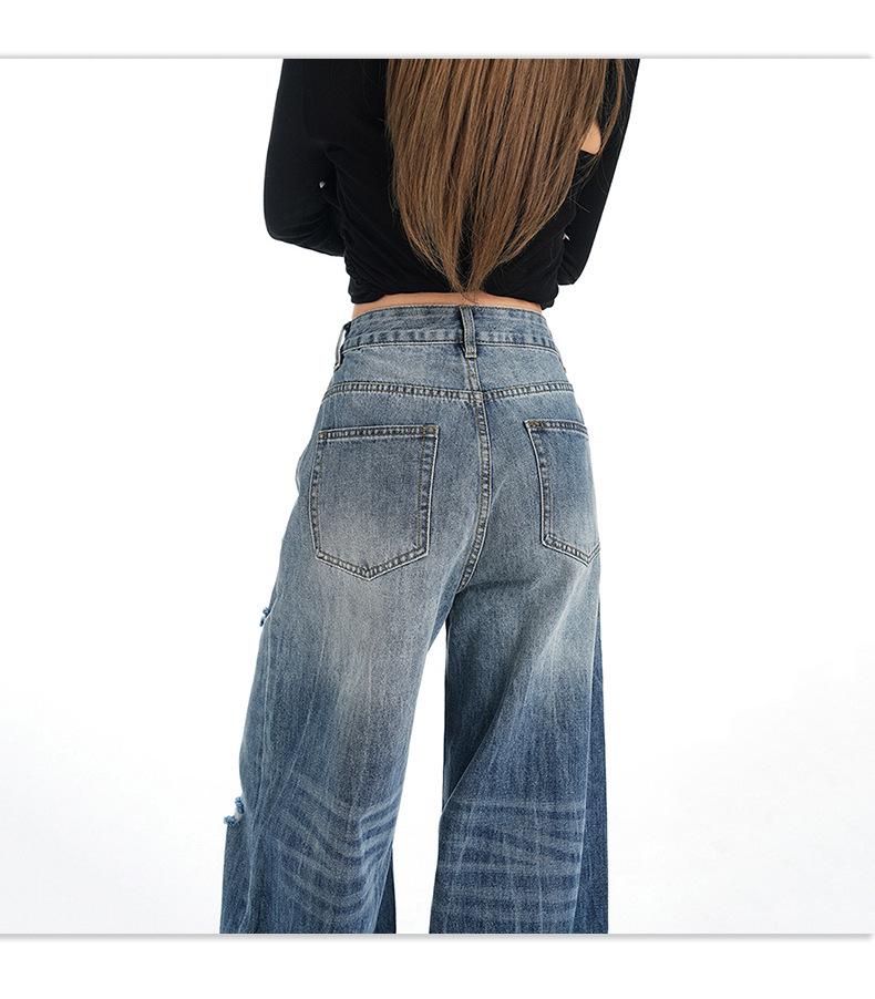 American Retro Wide-Leg Ripped Jeans - Women’s Fashionable Slimming Spring/Autumn Style