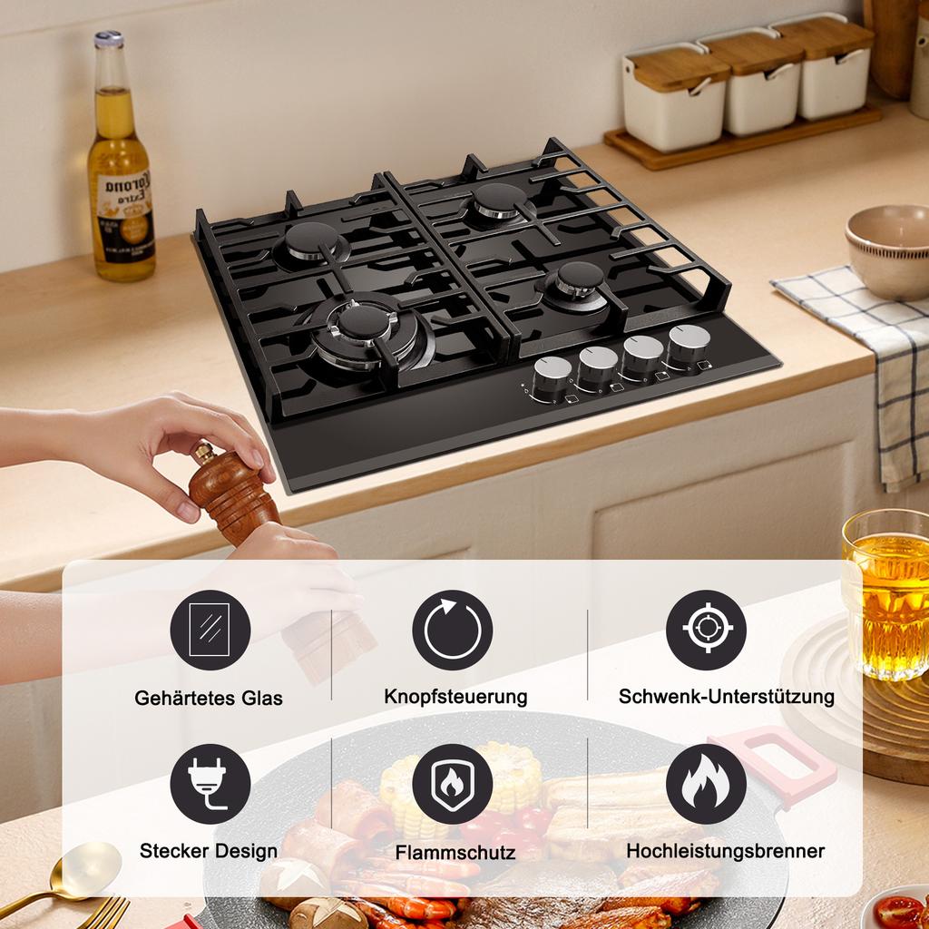 Gas Hob 4 Burners,60cm Black Glass Gas Hob,Built In Gas Cooktop with Cast Iron Supports,Gas Hob Cooker with Flame Out Protection