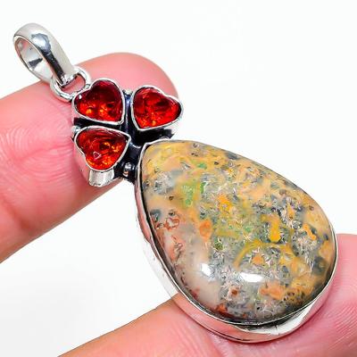 Natural Leopard Skin, Garnet Gemstone 925 Sterling Silver Pendant 2.17" q3J01