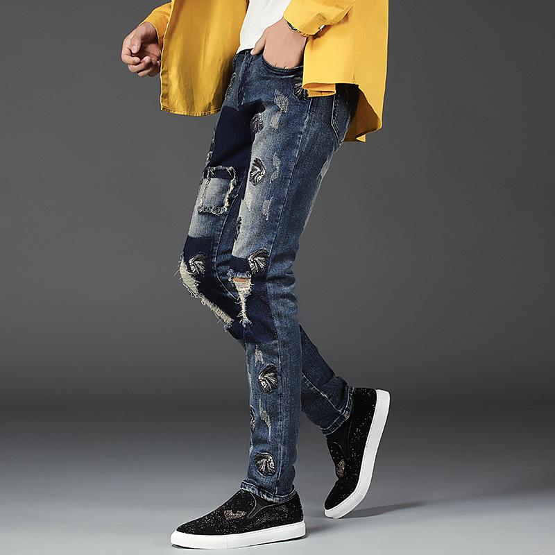 Pantalones vaqueros rotos con agujeros para hombre, nuevo parche, pantalones  vaqueros de piernas sueltas para hombre, pantalones vaqueros alegres  bordados con personalidad de moda|Pantalones vaqueros| - AliExpress