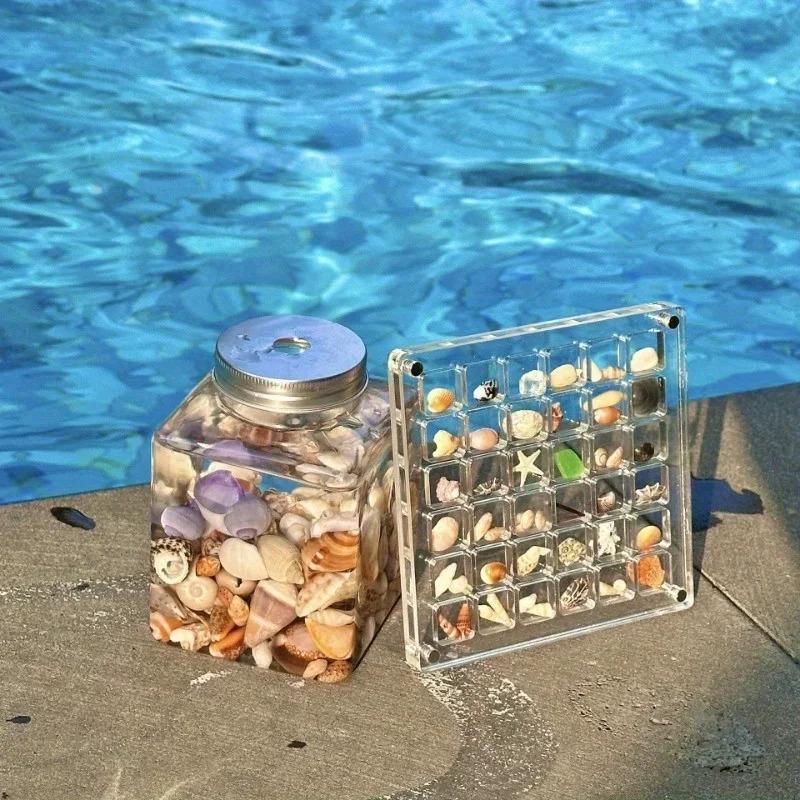 Acryl Quadratische Muschel Aufbewahrungsbox - Transparenter Muschel Vitrine, Mini Strandstein Dekorative Aufbewahrungsrahmen