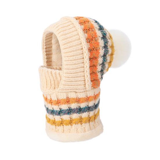 

Women Hat with Long Scarf Full Face Guard Warm Knit Thermal Fleece Winter Ski Hat Patchwork Color Plush Ball Decor Cold Weather Headgear