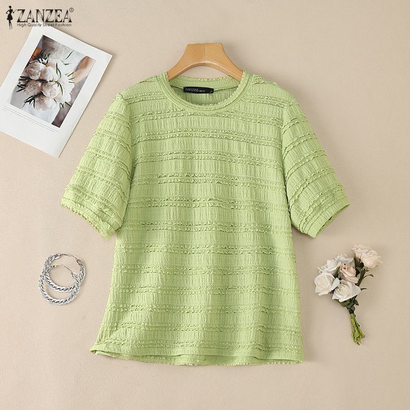 ZANZEA Women Casual Round Neck Solid Color Loose Short Sleeve Blouse