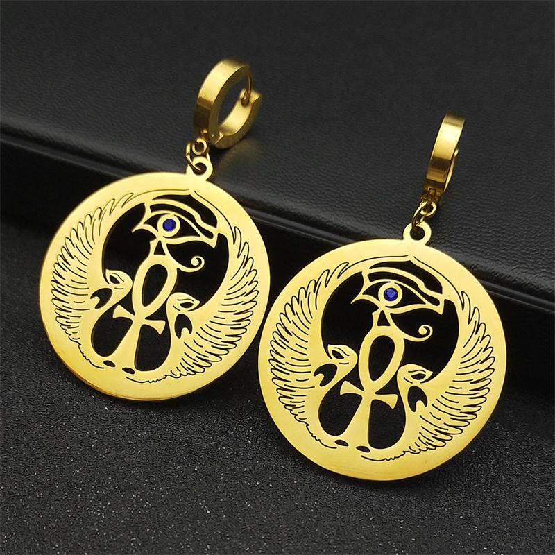 Anka Cross Egyptian Eye of Horus Hoop Earrings for Women Stainless Steel Gold Color Egypt Blue Eyes Earring Jewelry E8074S02