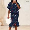 Women Plus Size Two Piece Outfit Round Neck Batwing Sleeve Ruffle Hem Top Fishtail Skirt Printed Red Navy Blue