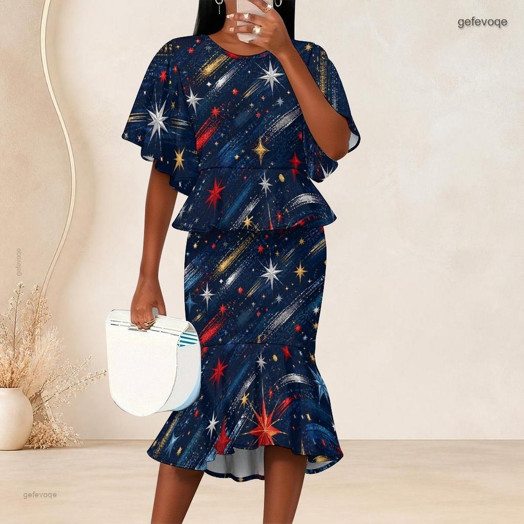 Women Plus Size Two Piece Outfit Round Neck Batwing Sleeve Ruffle Hem Top Fishtail Skirt Printed Red Navy Blue