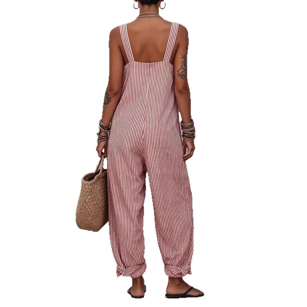 Women's Sleeveless Side Tie Wide Leg Jumpsuit Striped Casual Romper