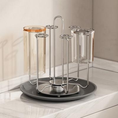 Stainless Steel Rotating Cup Holder Upside-Down Large Capacity Glass Cup Storage Rack with Tray Saving Space Cup Drying Rack