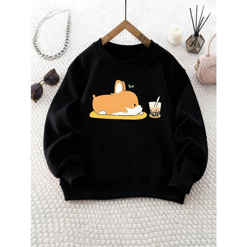 Girls' Round Neck Sweatshirt with Corgi and Bubble Tea Print, Essential for Back-to-School Season, Suitable for Parties