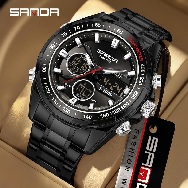 SANDA Stereoscopic Dual Display Watch Men's Steel Band Sunday Date 12/24 Hour 5ATM Waterproof Night Light Alarm Clock
