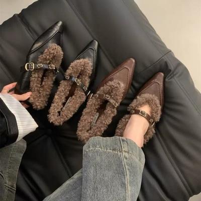 Fashion AJGS Pointed Toe Fur Women's Shoes with Increased Height Pumps for Women Trend Brand Mary Jane Cotton Shoes New Women's Boots