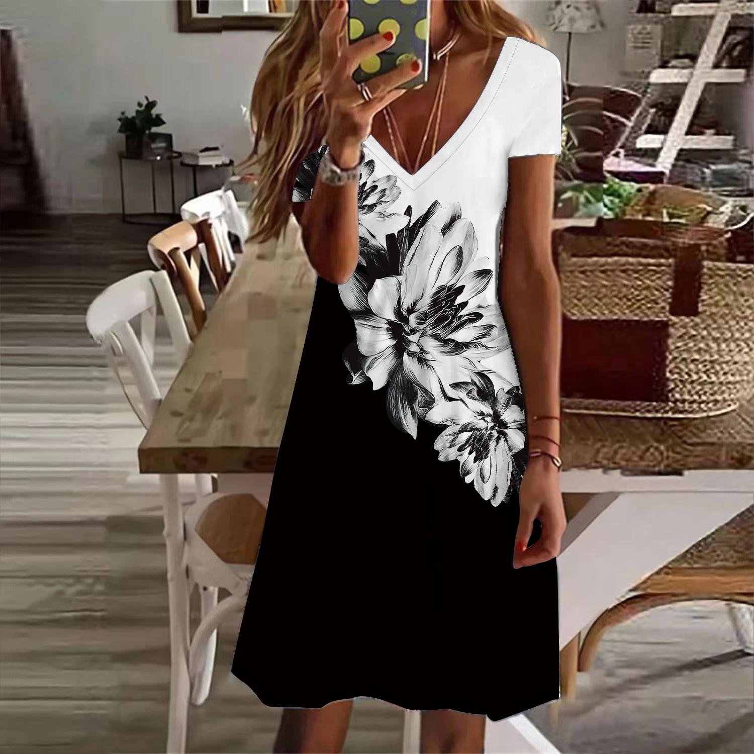 

Летняя мода женское платье с V-образным вырезом и коротким рукавом, белое изогнутое платье с цветочным принтом, сексуальное платье 4XL серый