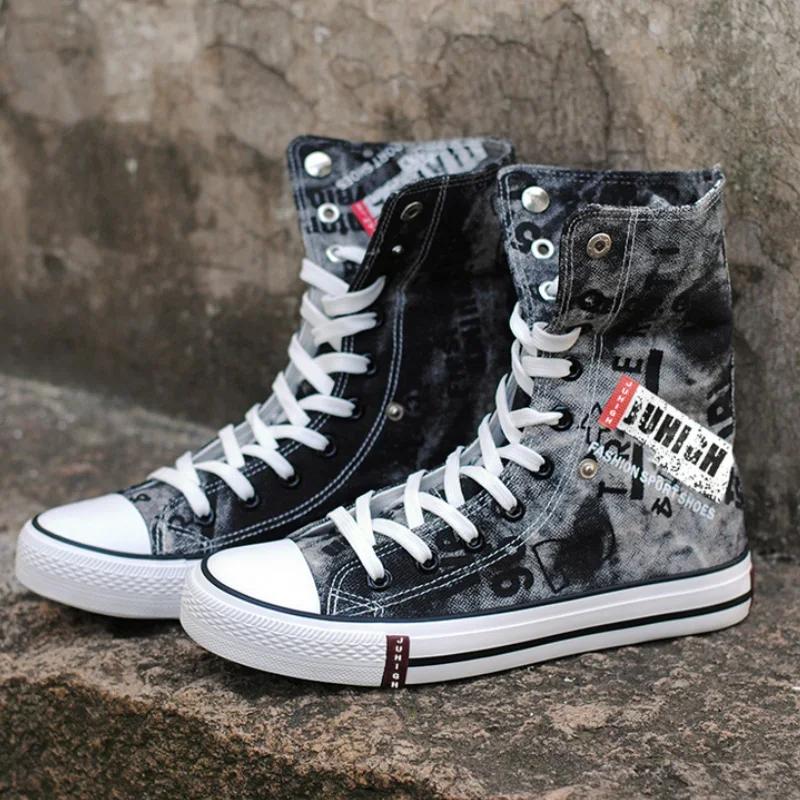 Herren Canvas Schuhe High-Top Flats Schnürschuhe Herrenschuhe Print Denim Schuhe für Herren Atmungsaktiver Freizeitschuh Cowboy-Stiefel Tenis Masculino