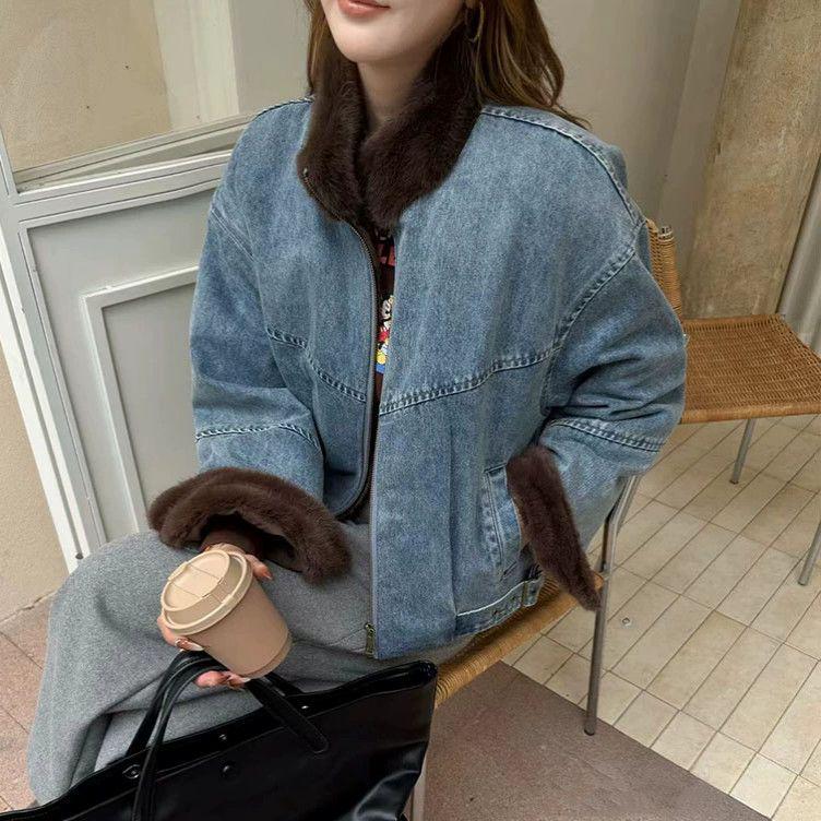 

Плюшевая джинсовая куртка однотонная с меховой отделкой - Модный повседневный хлопковый плащ с бесплатной доставкой L (suggested for 115-130 lbs) кофейный/джинсовый