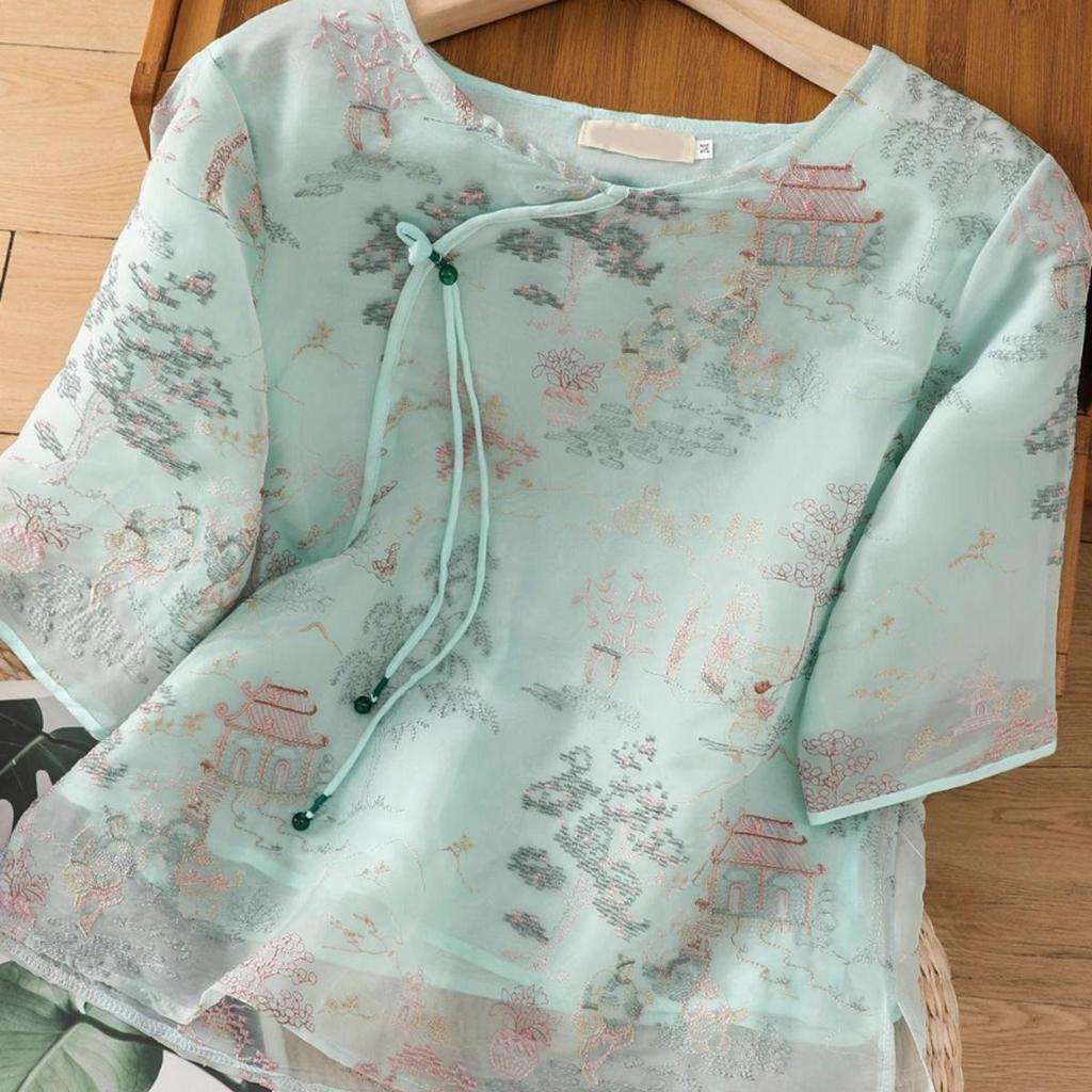 Premium trend loose embroidered shirt summer new retro beautiful temperament top shirt