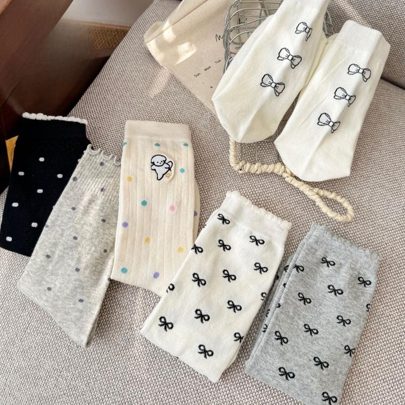 Women's Mid-calf Socks, Cartoon and Sweet Embroidered Puppy, Bow, Polka Dot, School-style Cotton Socks, Trendy Women