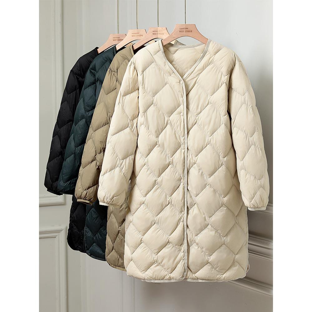 Women Ultralight White Duck Down Long Jacket Argyle V-neck Collar Casual Autumn Winter Outwear Coat