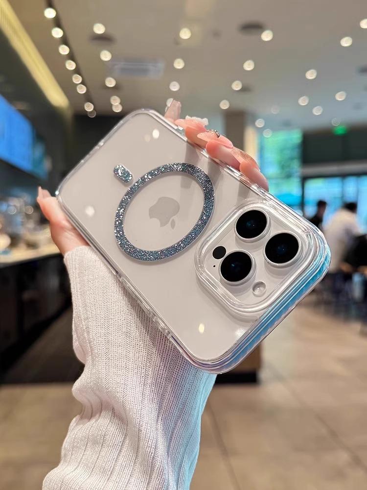 Luxusní třpytivý Magsafe bezdrátově nabíjecí kryt na telefon pro iPhone 12 13 14 15 16 Pro Max Plus Průhledný silikonový magnetický nárazník