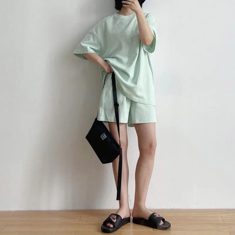 Women's Summer Casual Suit Korean Round Neck Letter Short Sleeve T-shirt Suit Thin Slim Loose Wide-leg Sports Shorts Two-piece Set Fitness Suit