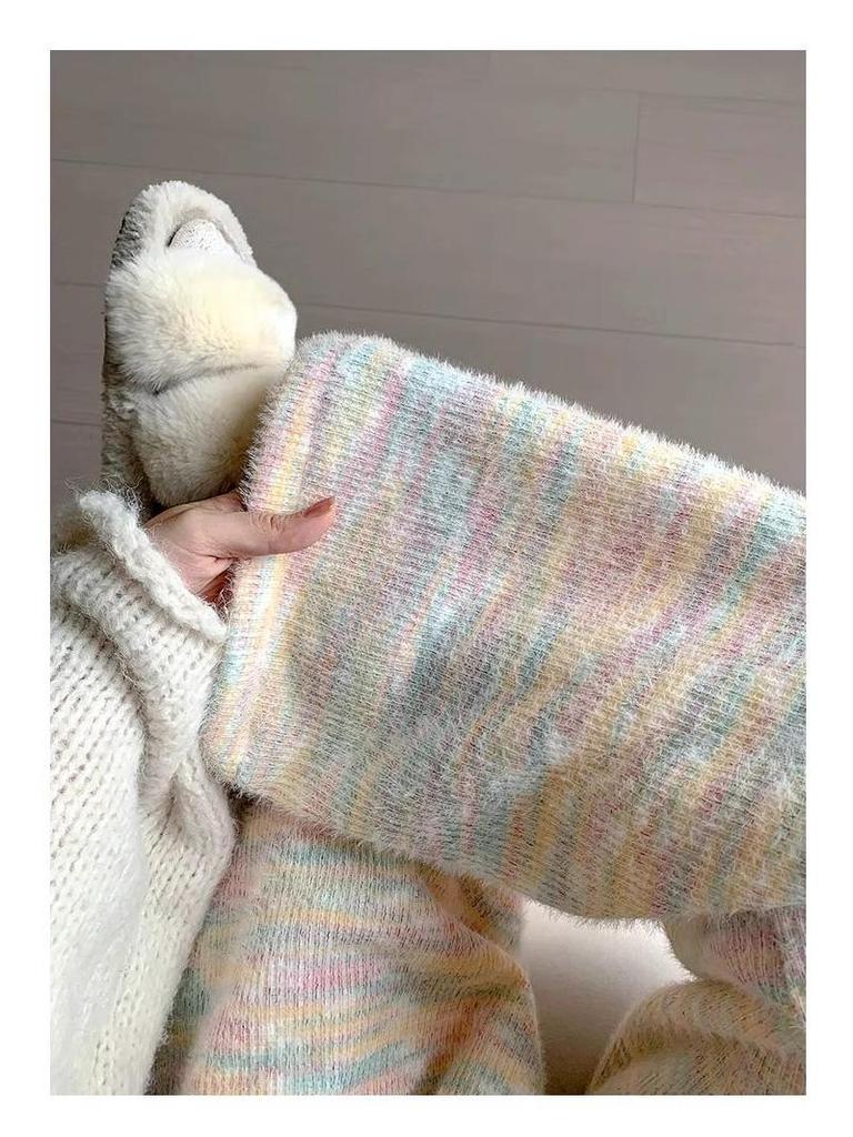 Petite XS Rainbow Fleece-Lined High Waist Wide Leg Pants - Women's Autumn/Winter Casual Straight Leg.