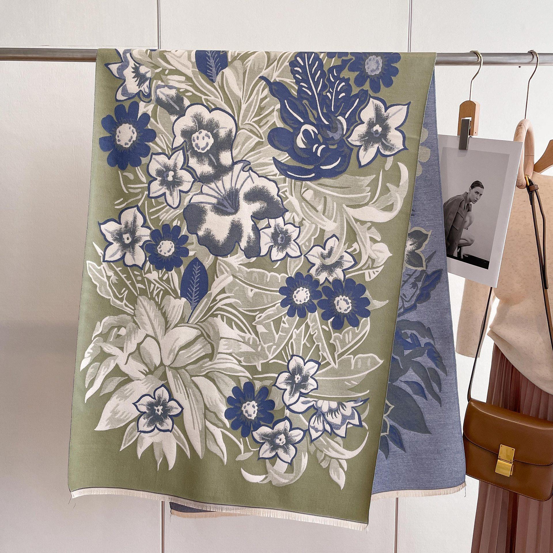 

Двусторонний шарф из искусственного кашемира с принтом, женский теплый утолщенный шарф с бахромой, цветущий цветок, насыщенный, длинный, модный, универсальная шаль 190*65cm