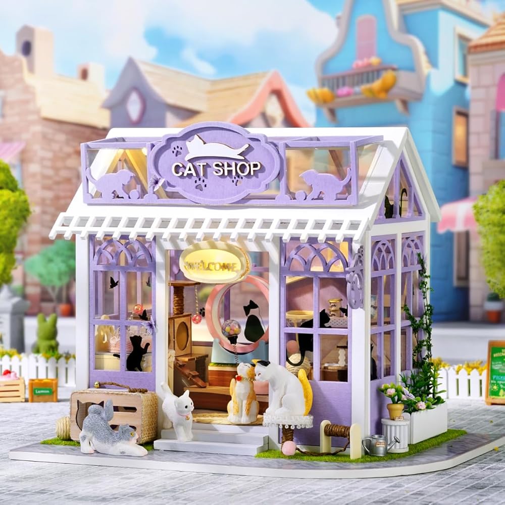 Cuteroom Miniature Dollhouse Kit DIY Wooden Cat Paradise with Mini Furniture Home Decor Gift for Beginners