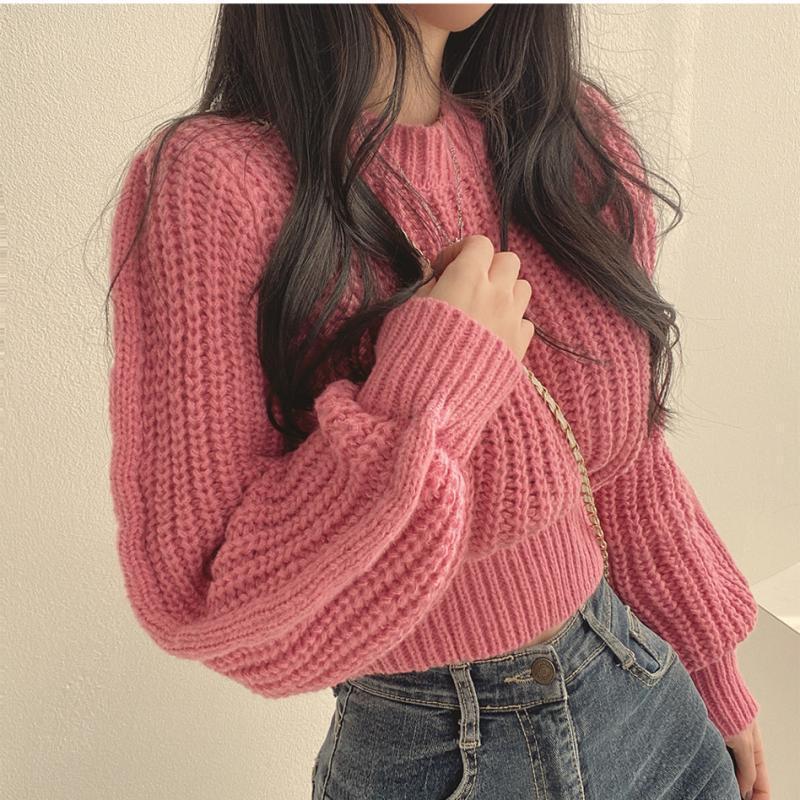 Korean Style Round Neck Petite Knit Sweater for Women - Waist-Cinching, Versatile Pullover