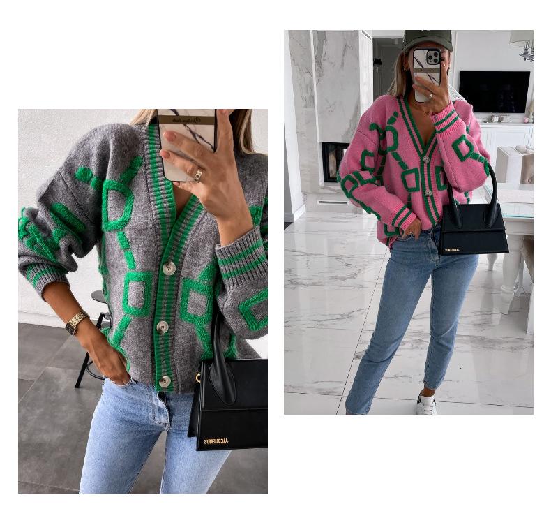 2023 Herbst & Winter Lockere einreihige Strickjacke mit V-Ausschnitt und europäischer und amerikanischer Handtuchstickerei