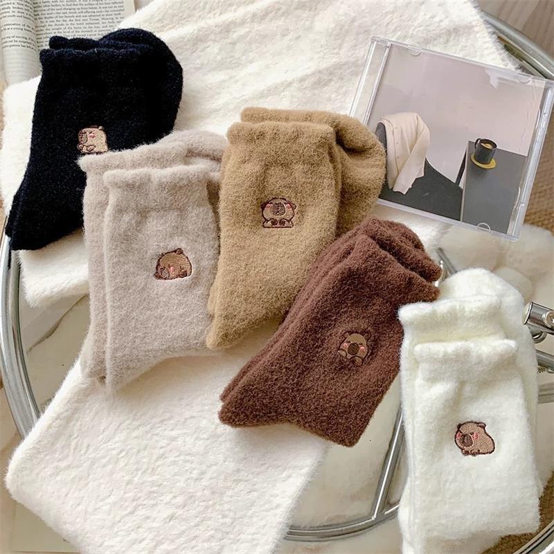 1/5 Pairs Cozy Hairy Mink Cute Capybara Mid-Calf Socks Women Autumn Winter Thicken Warmer Socks Sleep Floor Home Fluffy Sockings