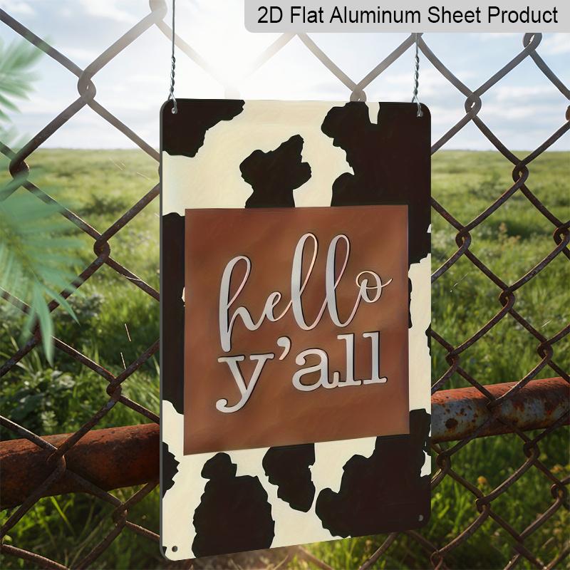 2D Flat 1pc "Hello Y'all" Cow Print Metal Sign 7.87x11.81inch - Aluminum Western Farmhouse Decor for Home, Porch, Entryway - Durable Rustic Wall Art