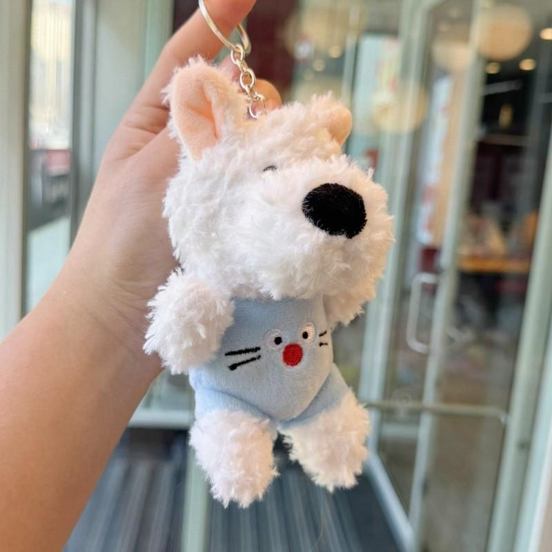Stuffed West Highland Terrier Plush Keychain With Pearl Chain And Gold Keyring For Bag And Car Accessories