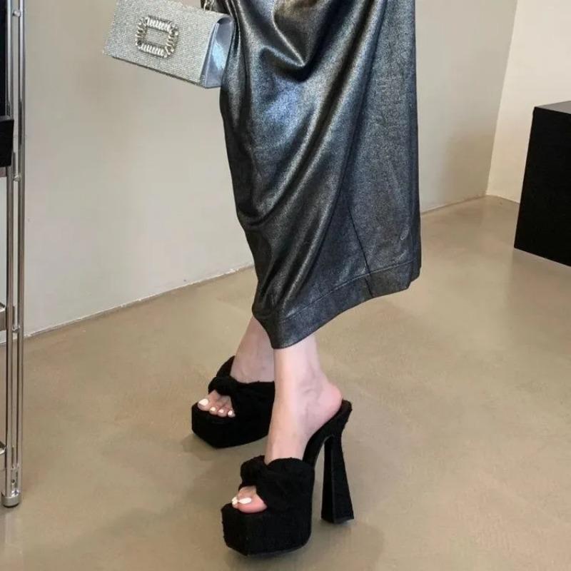 New Chunky Platform Woman Slippers Butterfly-knot Open Toe Wedding Banquet Sandals Extreme High Heels Slide Shoes
