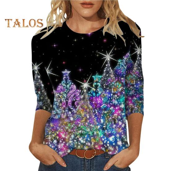 

Рождественский принт Женская футболка с круглым вырезом и рукавом 3/4 Свободный крой Пуловер Топы с дизайном рождественской елки Легкие топы XL A