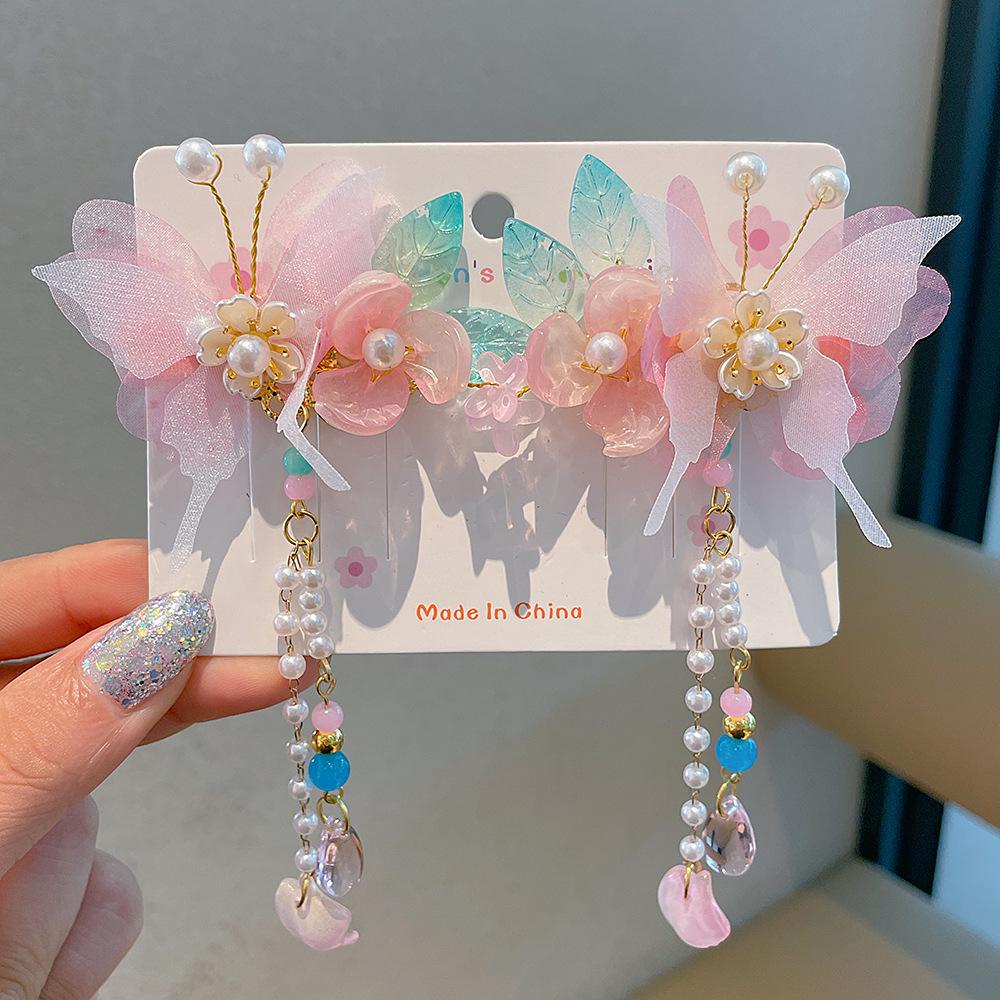 Children's Hanfu Hair Accessories: Girls' Tassel Flower Fairy Clips for Costume