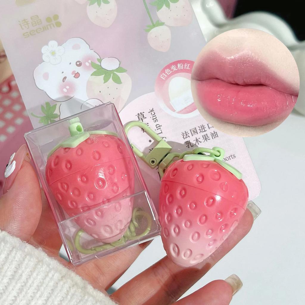 1 szt. Brelok Truskawkowy Balsam do Ust Rozgrzewający Długotrwały Naturalny Różowy Szminka Tint Zmieniająca Kolor Szminka Owocowa Pielęgnacja Ust Makijaż