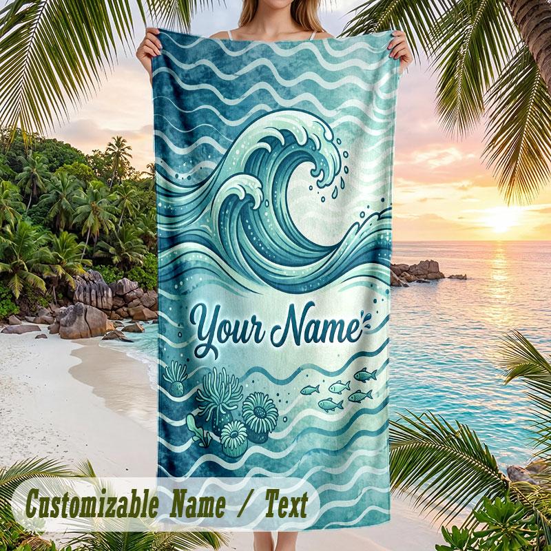 Ocean Waves Sun Theme Quick Dry Beach Towel Custom Name Text Print Large Sand Resistant Towel Beach Vacation